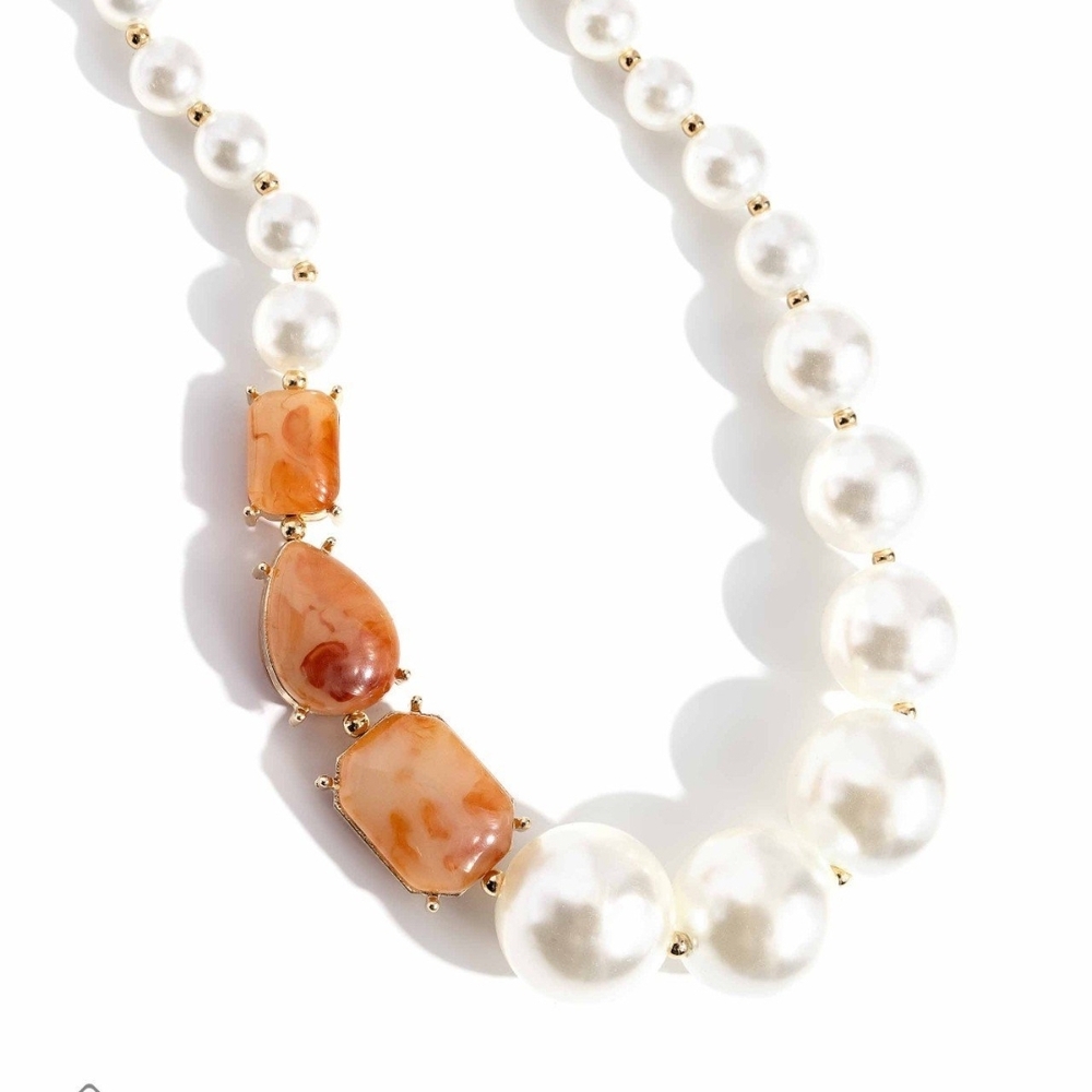Paparazzi White and Orange Pearl Necklace Marbled Moment Orange Jewelry